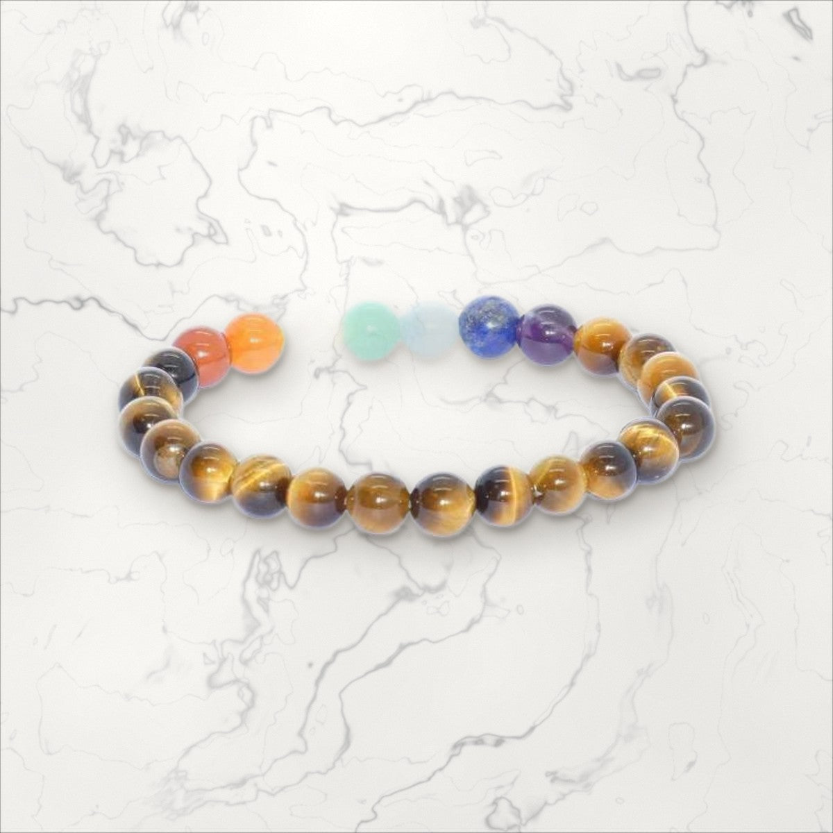 Bracelet pierres rondes Oeil de tigre et 7 chakras
