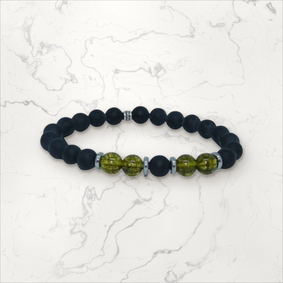 Bracelet pierres rondes Onyx & Péridot (Olivine)