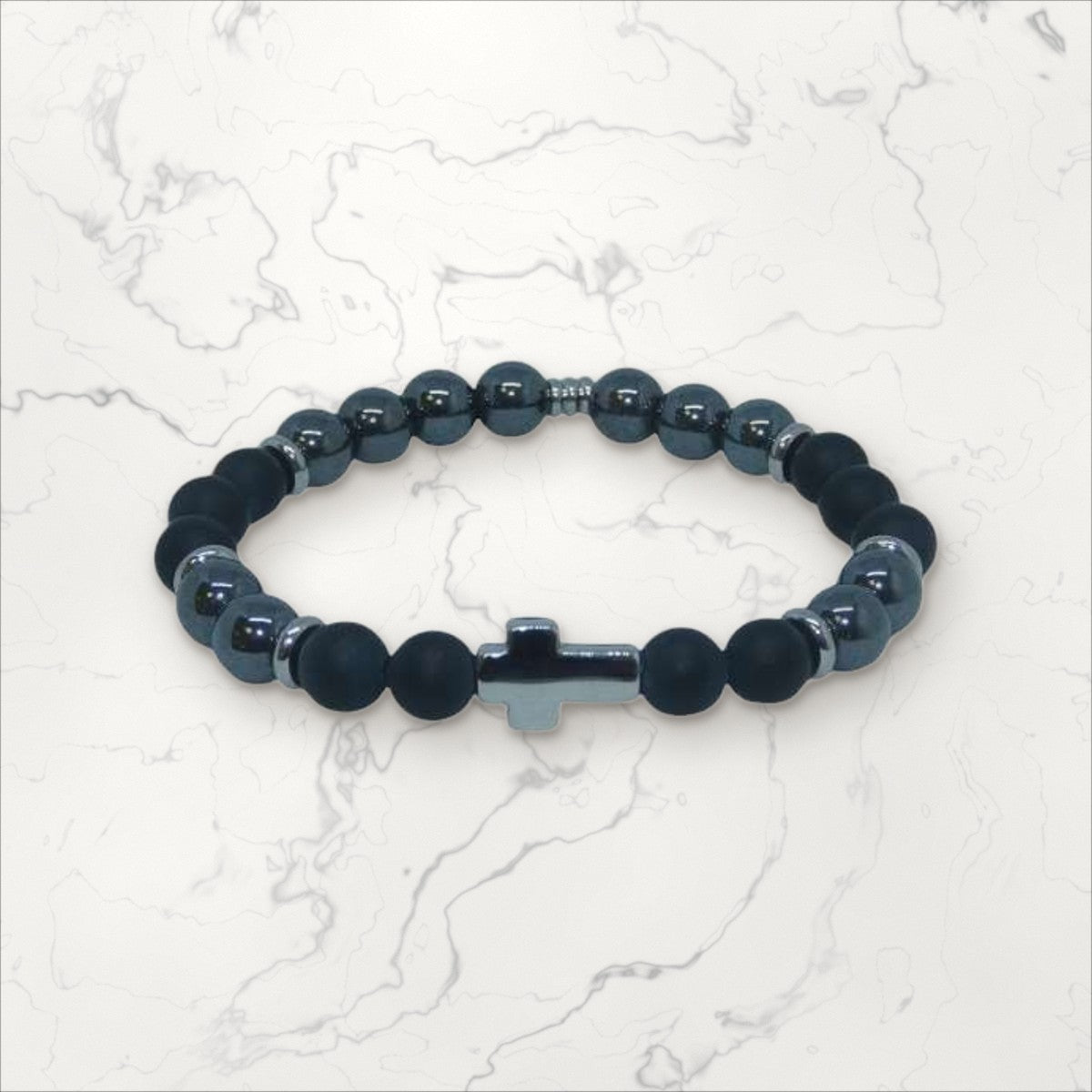 Bracelet Croix argenté Onyx & Hématite