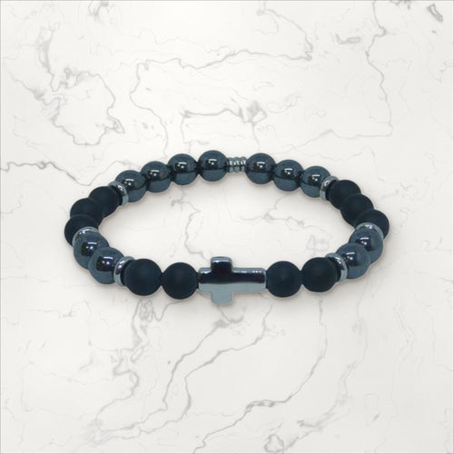 Bracelet Croix argenté Onyx & Hématite