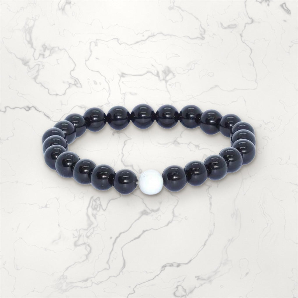 Bracelet pierres rondes Onyx et Howlite blanc
