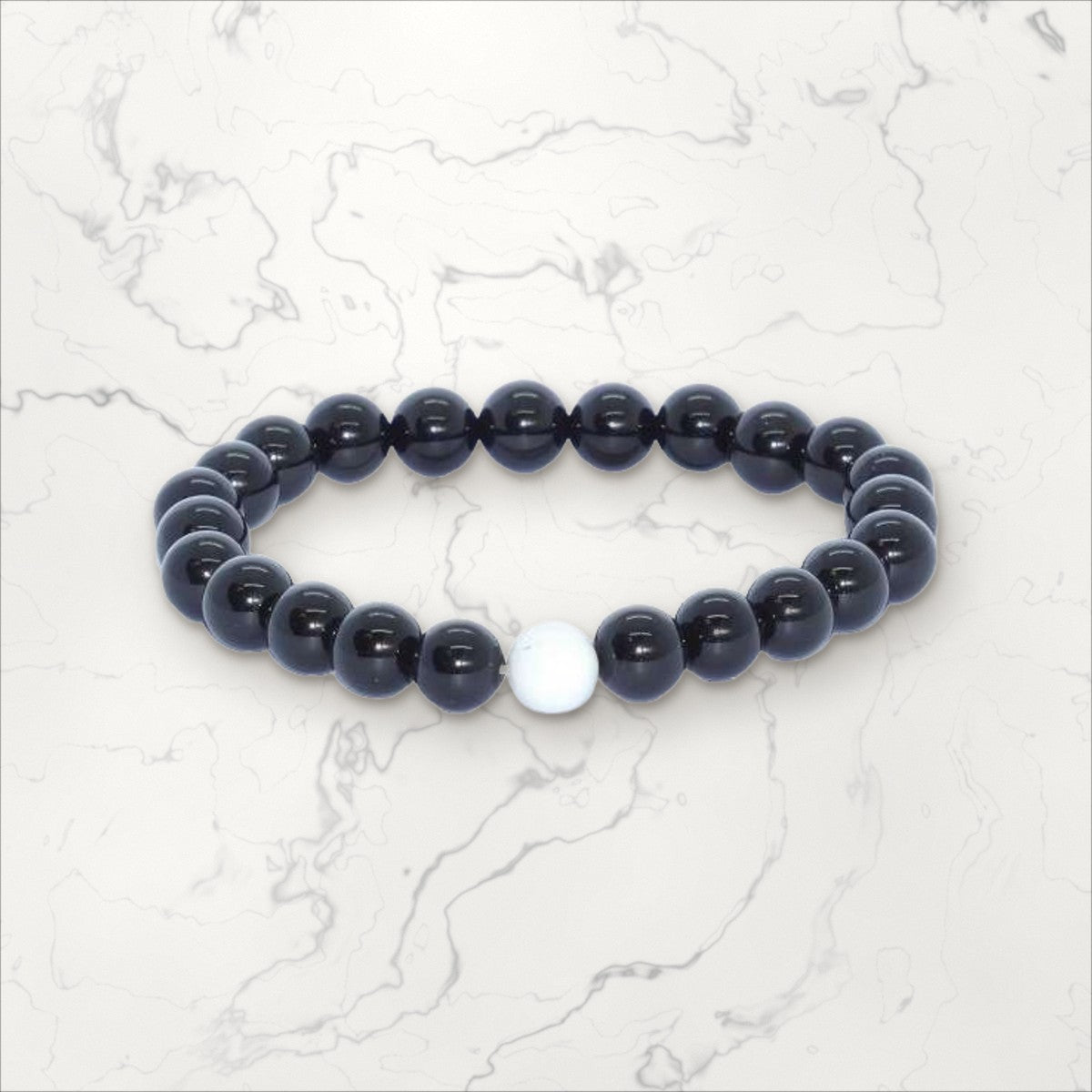 Bracelet pierres rondes Onyx et Howlite blanc