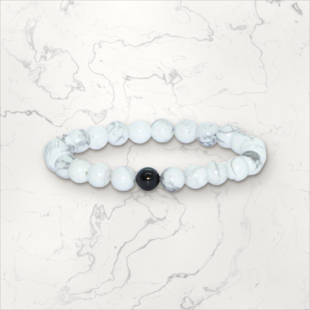 Bracelet pierres rondes Onyx et Howlite blanc