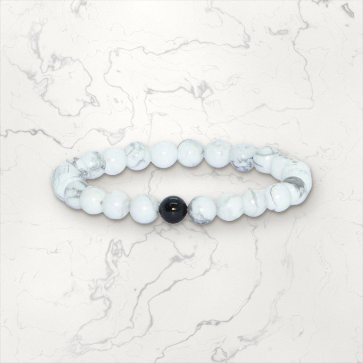 Bracelet pierres rondes Onyx et Howlite blanc